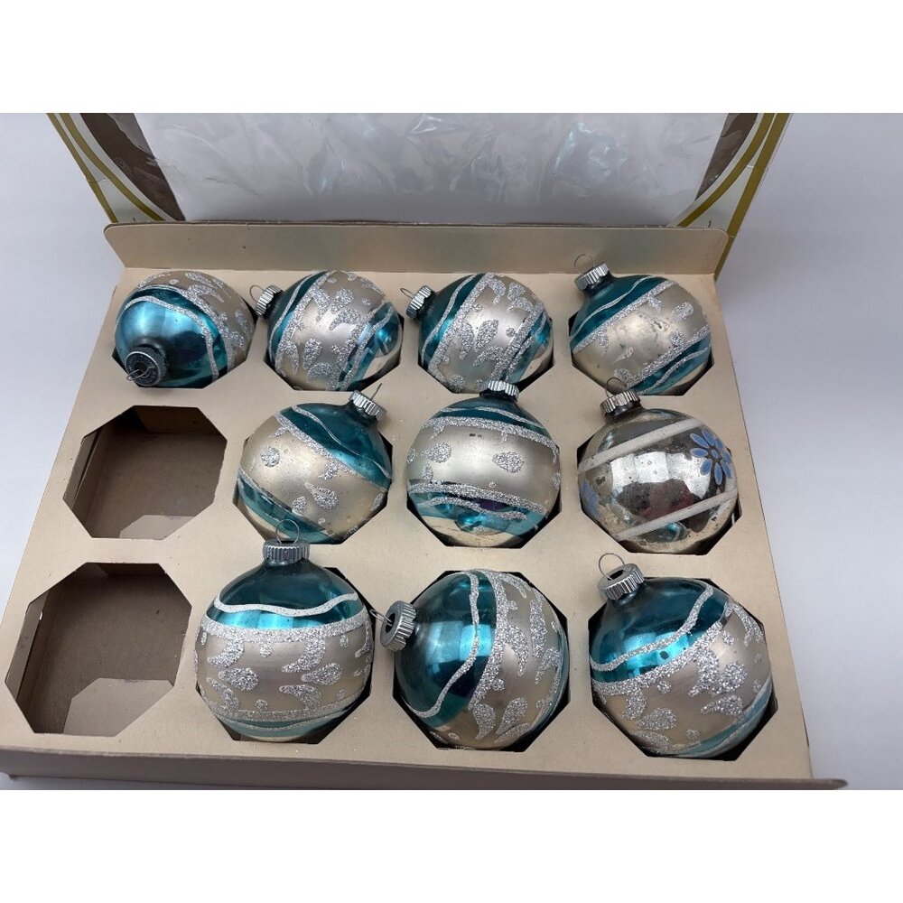 Shiny Brite Vintage Glass Ornaments Teal & Silver Glitter 10-Piece Set Christmas - Picture 2 of 14